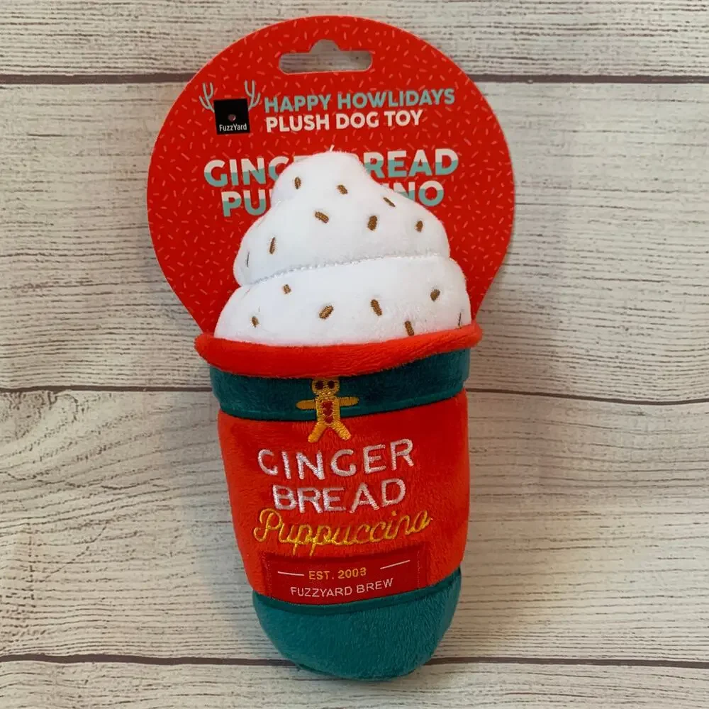 Happy Howlidays Gingerbread Puppuccino Dog Toy Plush Stuffed Squeaker Coffee Cup